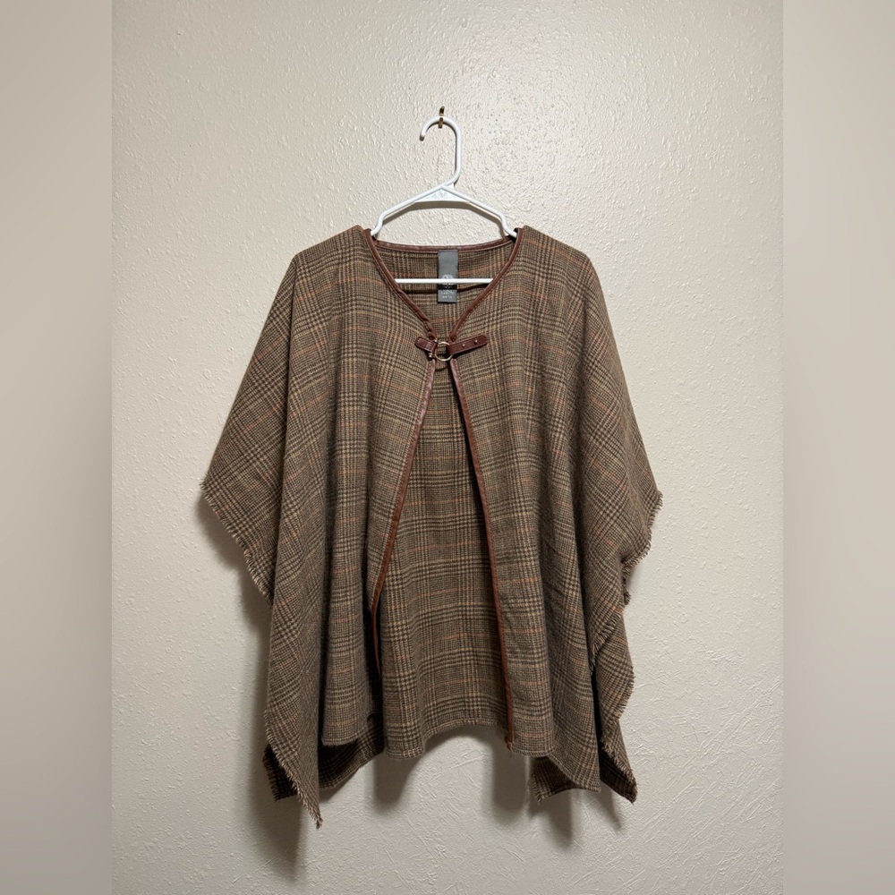 Vince Camuto Brown Checkered Poncho with Leather Accents